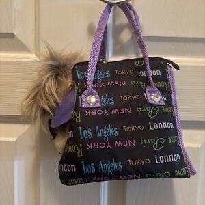 Pucci Pups Stuffed Puppy W Brown Long  Fur, Black Purple Zip-Up Bag w Cities
